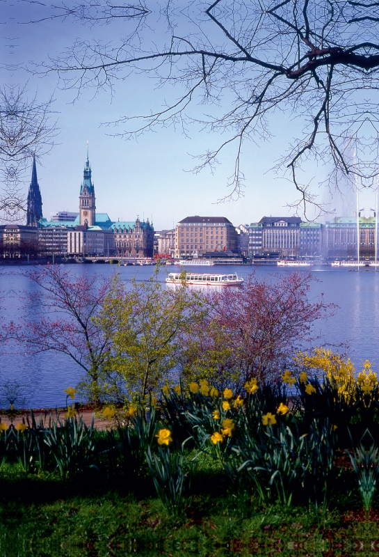 Die Hamburger Skyline im Frühling