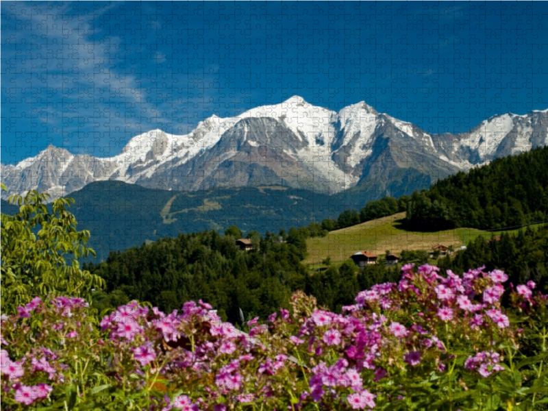 Blick vom Dorf Cordon auf das Mont-Blanc-Massiv