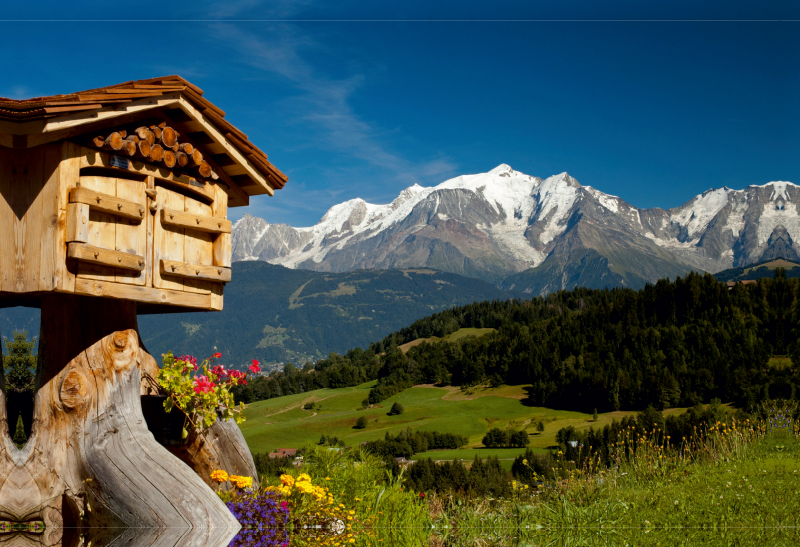 Blick vom Dorf Cordon auf das Mont-Blanc-Massiv