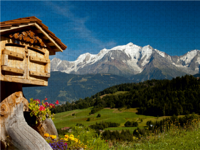 Blick vom Dorf Cordon auf das Mont-Blanc-Massiv