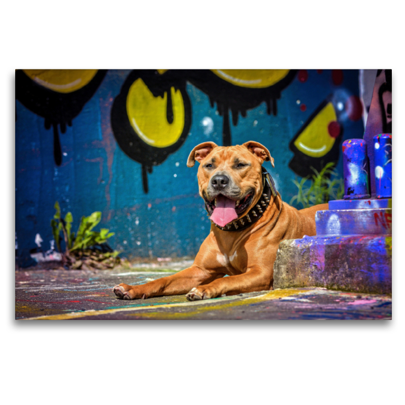 American Staffordshire Terrier liegt vor einer Graffitiwand