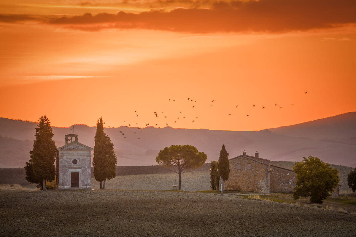 DIe Cappella di Vitaleta vor Sonnenaufgang