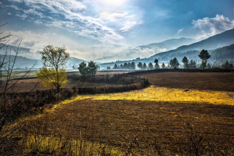 Landschaft mit Morgenstimmung in Bhutan, Asien