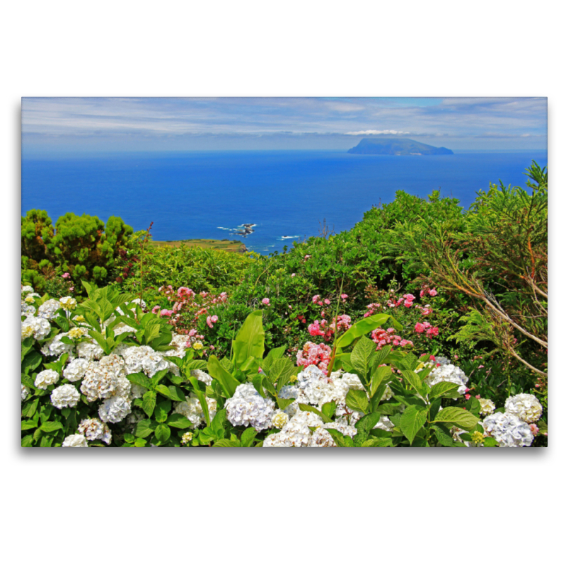 Steilküste mit Blick auf Corvo auf der Azoren-Insel Flores