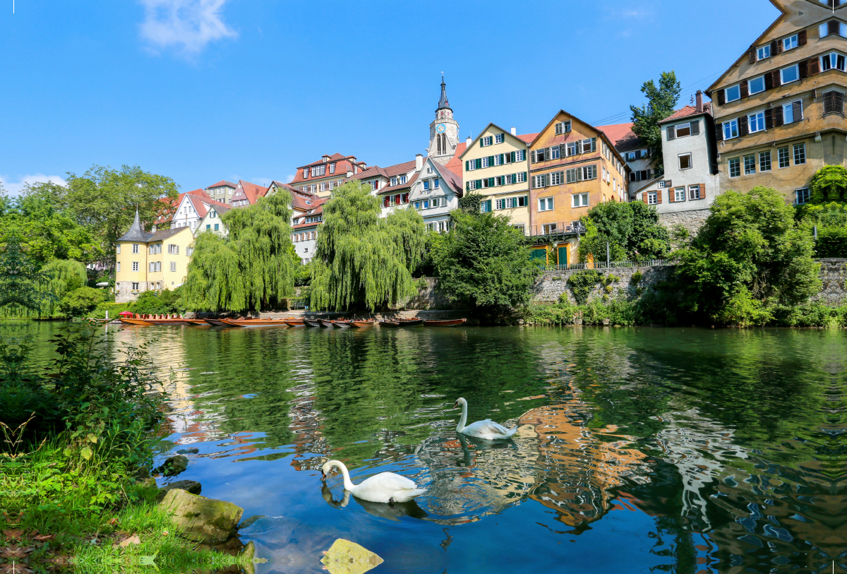 Tübinger Neckarfront mit Hölderlin-Turm und Stiftskirche