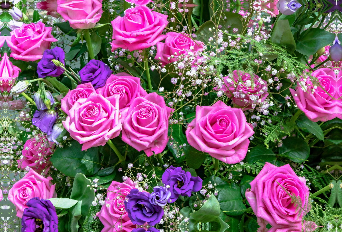 Strauß mit rosa farbenen und blauen Rosen mit Schleierkraut