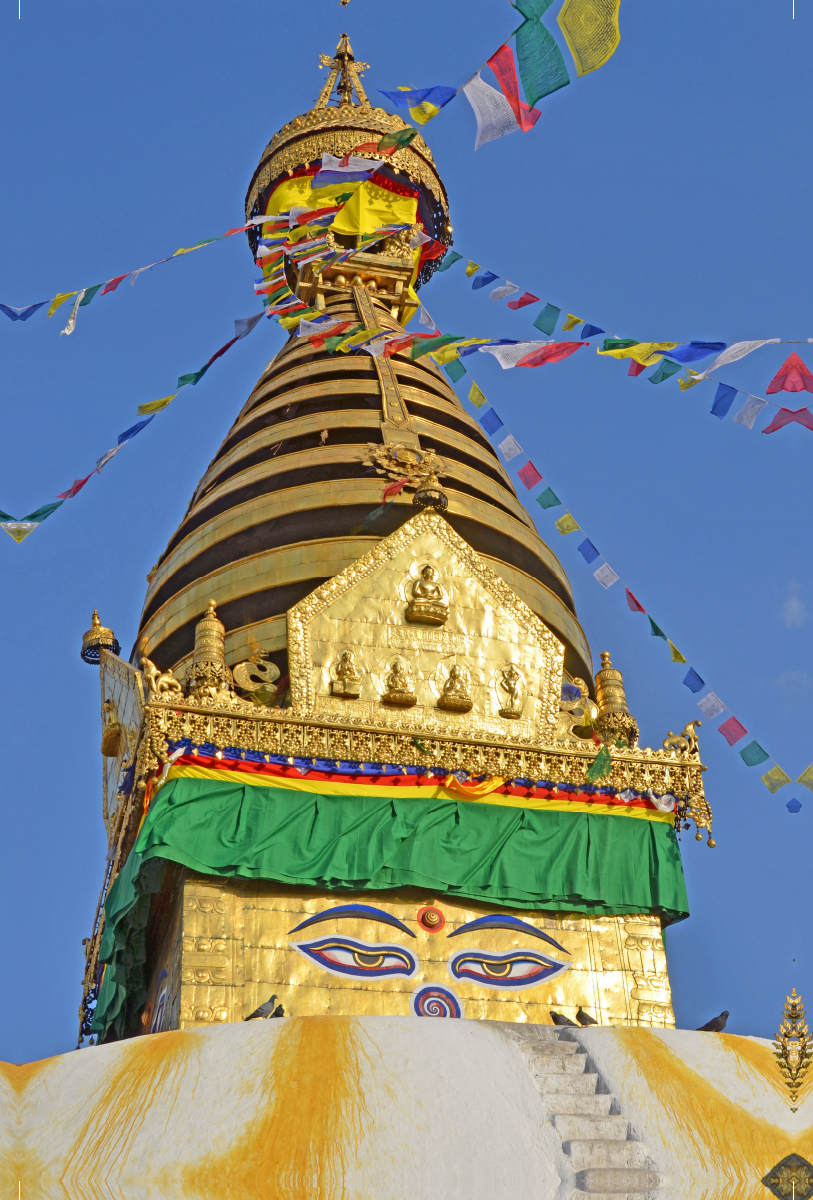 Der obere Teil des berühmten Stupa von Swayambhunath im Westen von Kathmandu