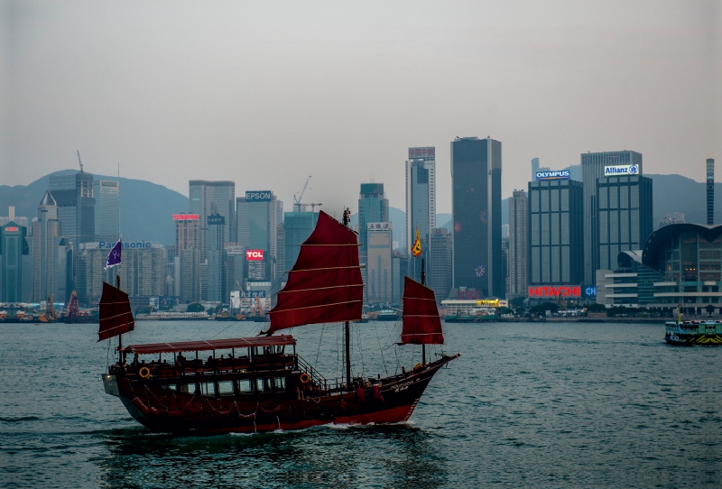 Traditionelle Dschunke vor Skyline Hongkong Island