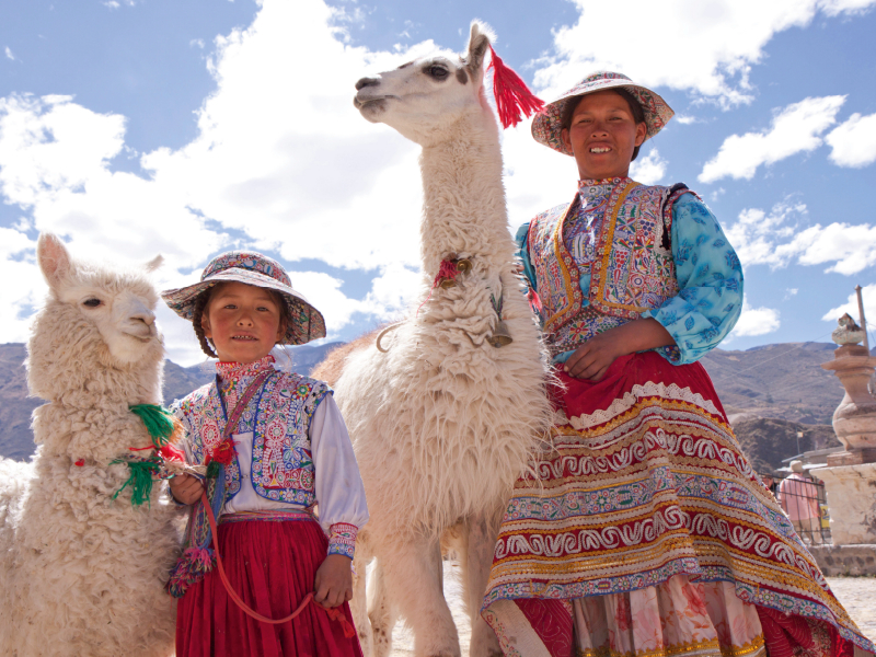 Frau und Mädchen mit Lama und Alpaka