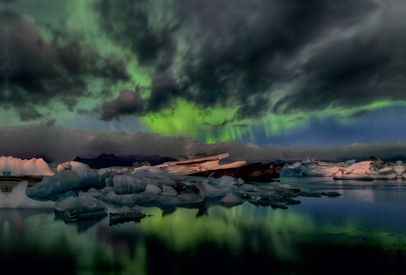 Polarlicht über dem Jökulsarlon