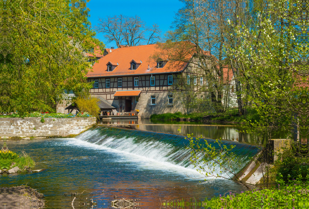 Wassermühle und Wehr an der Ilm, älteste Mühle in Thüringen, Taubach bei Weimar