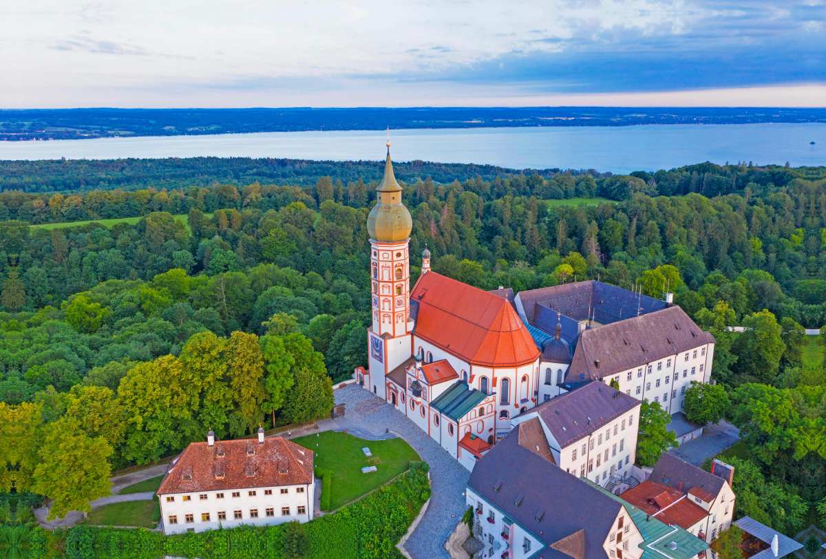 Kloster Andechs, Luftaufnahme, Ammersee