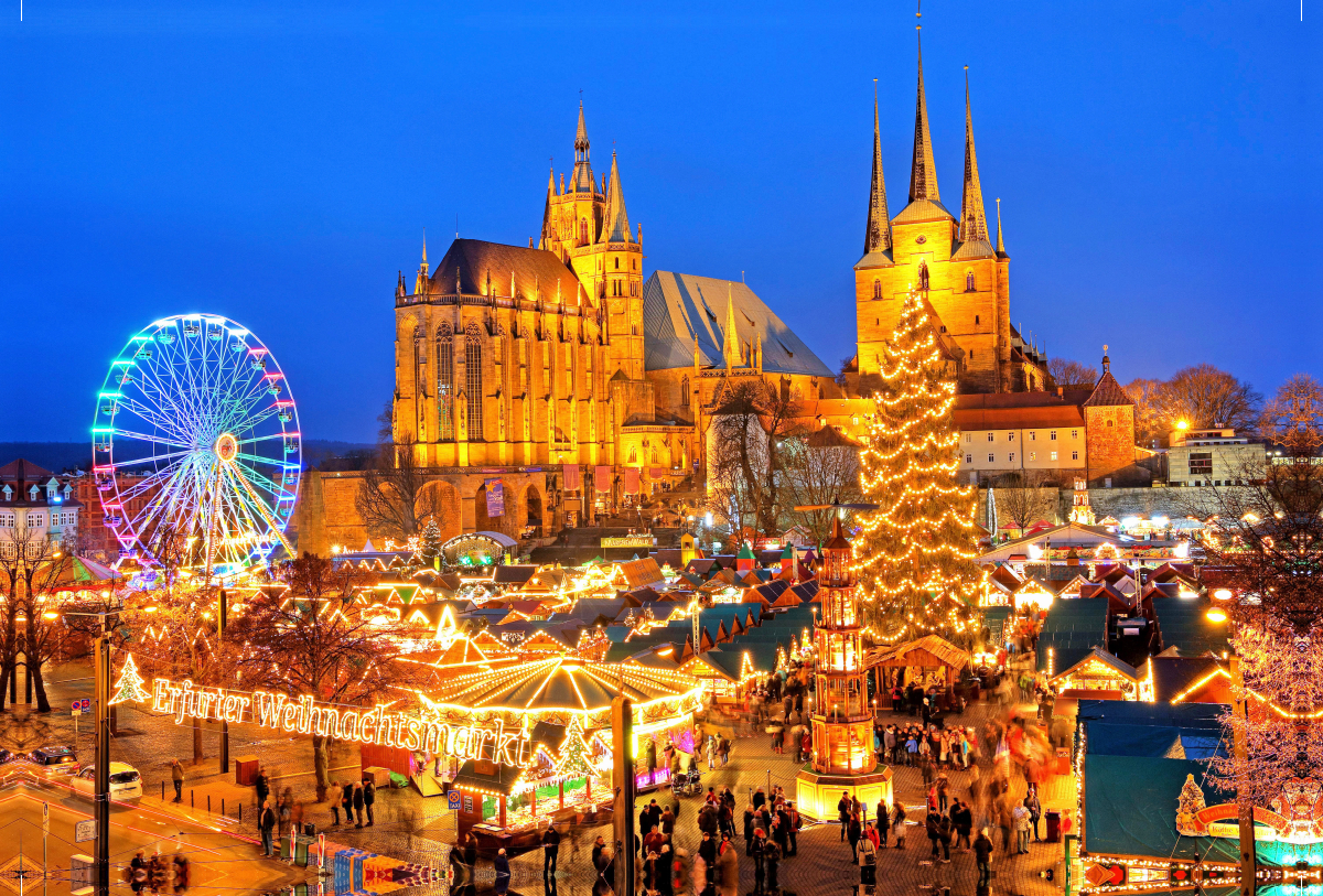 Weihnachtsmarkt auf dem Domplatze, Abenddämmerung, Erfurt, Thüringen, Deutsc