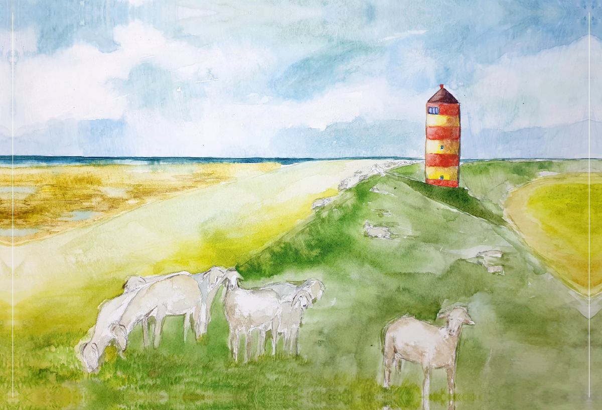 Aquarell vom Pilsumer Leuchtturm in Krummhörn, Nierdersachsen