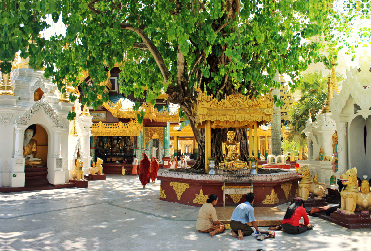 Morgengebet bei der Shwedagon-Pagode in Yangon