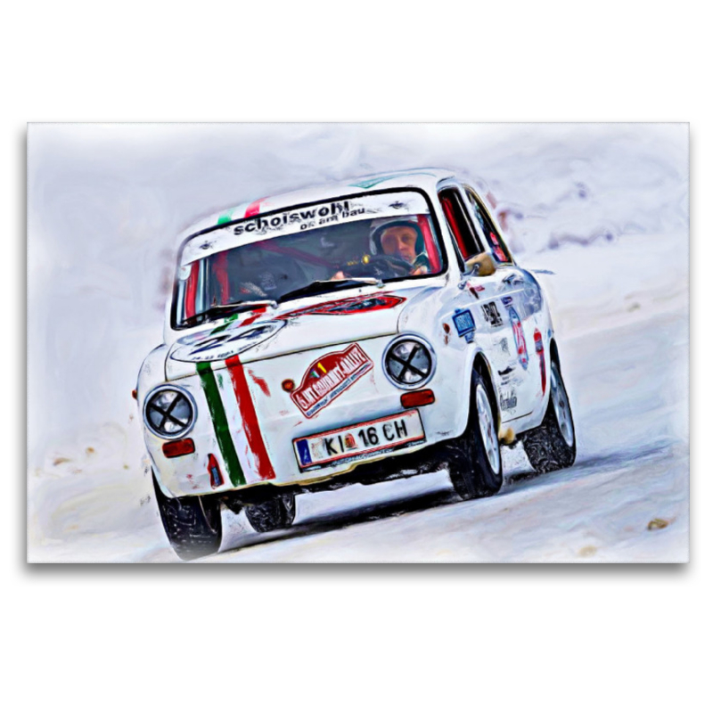 Ein kleiner Fiat bei einer Rallye auf Schnee und Eis