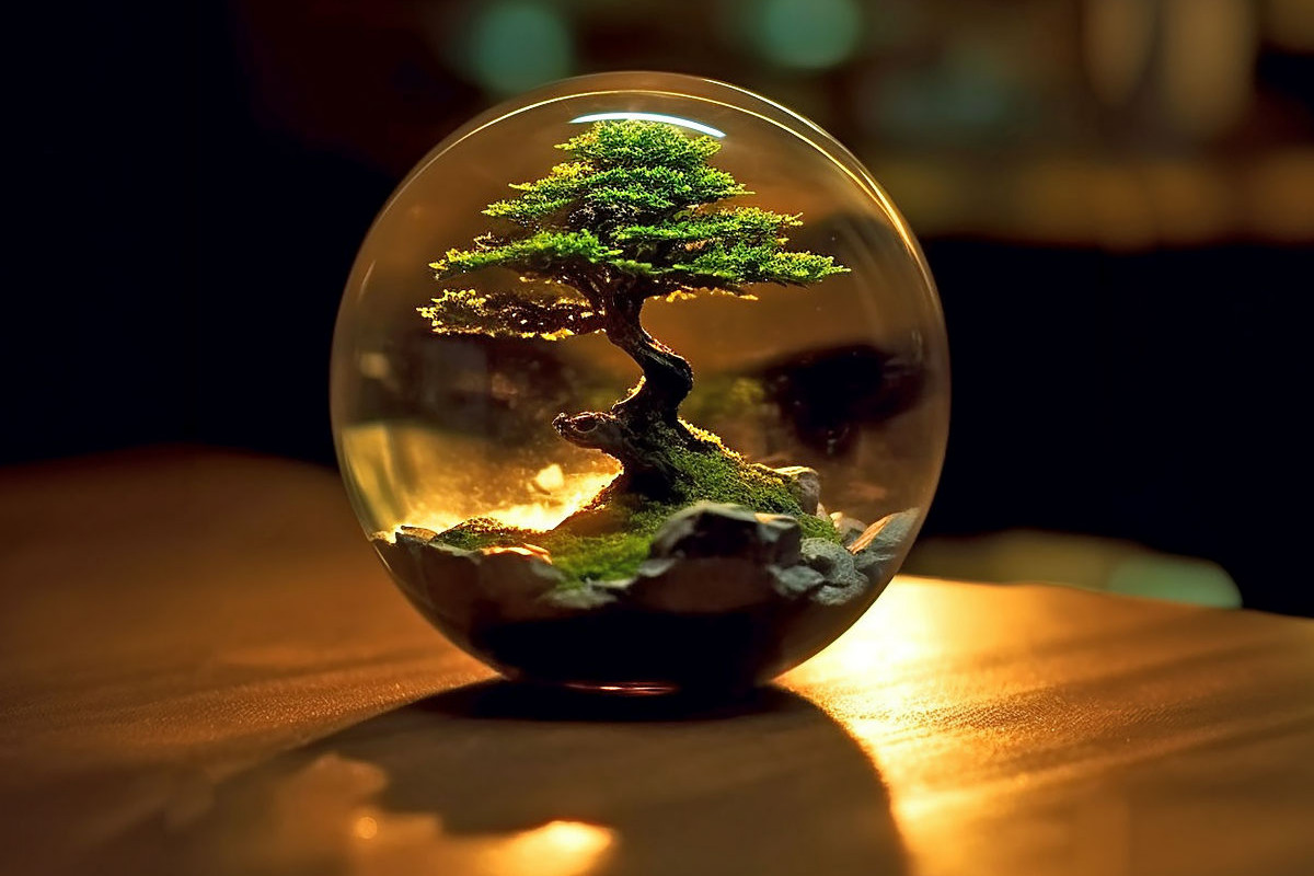 Miniatur Bonsai in einer Glaskugel