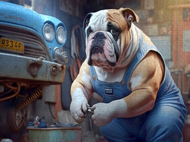 Bulldogge als Automechaniker