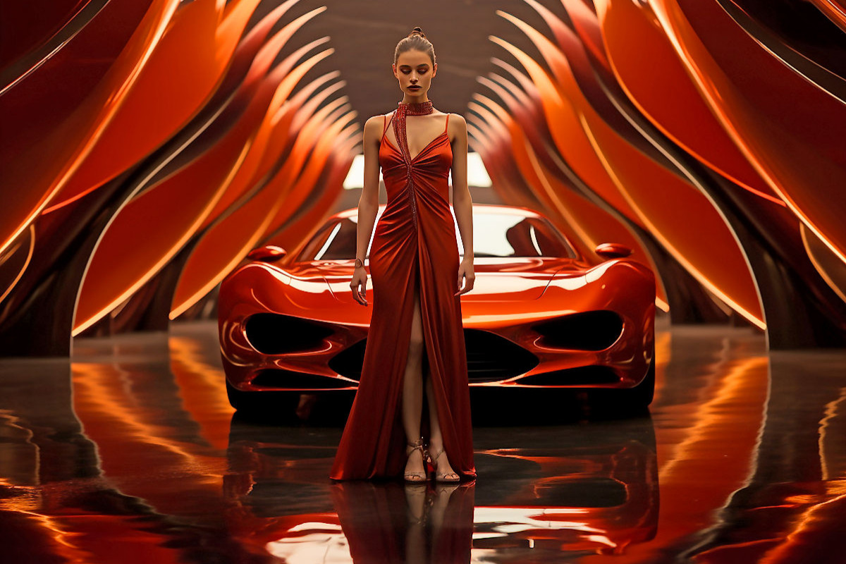 Modernes Concept Design Auto in Rot mit junger Frau