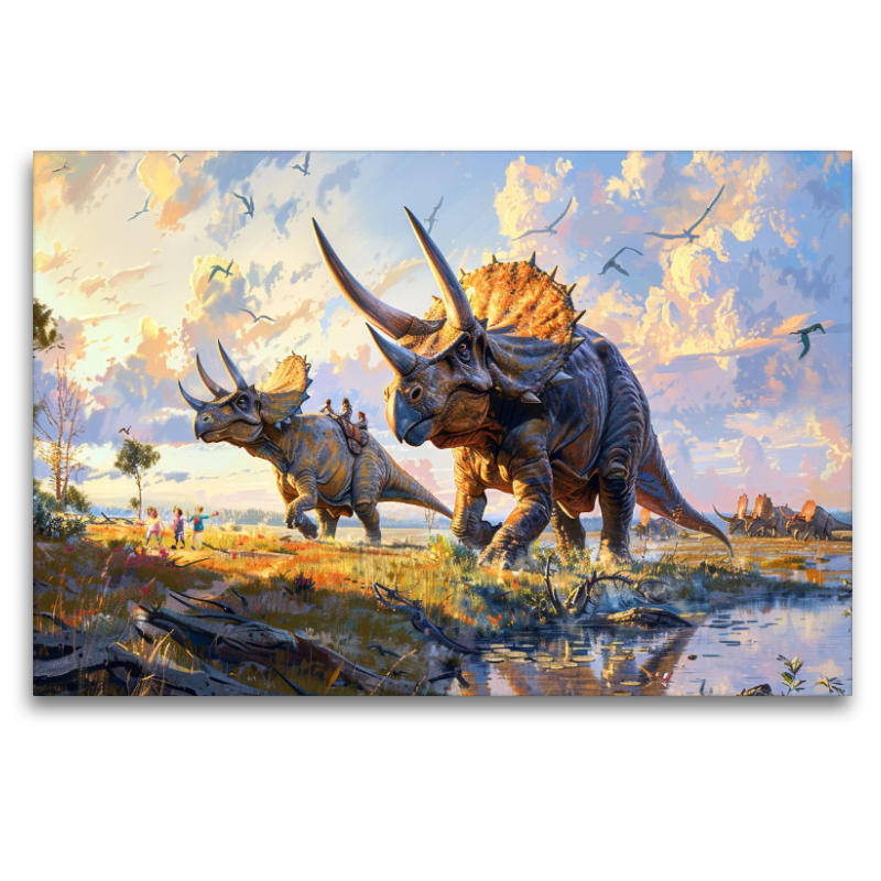 Kinder spielen mit Triceratops Dinosauriern