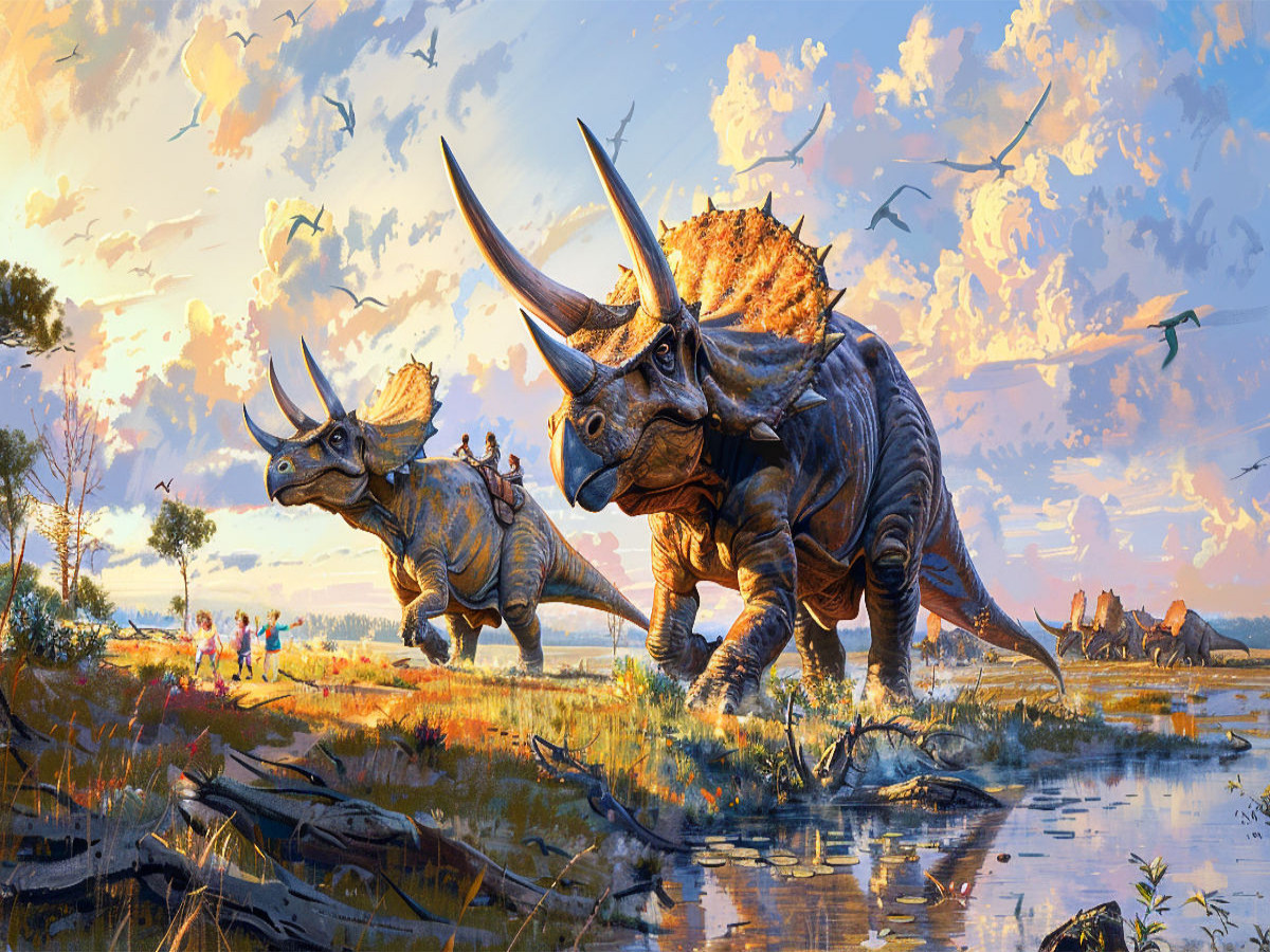 Kinder spielen mit Triceratops Dinosauriern