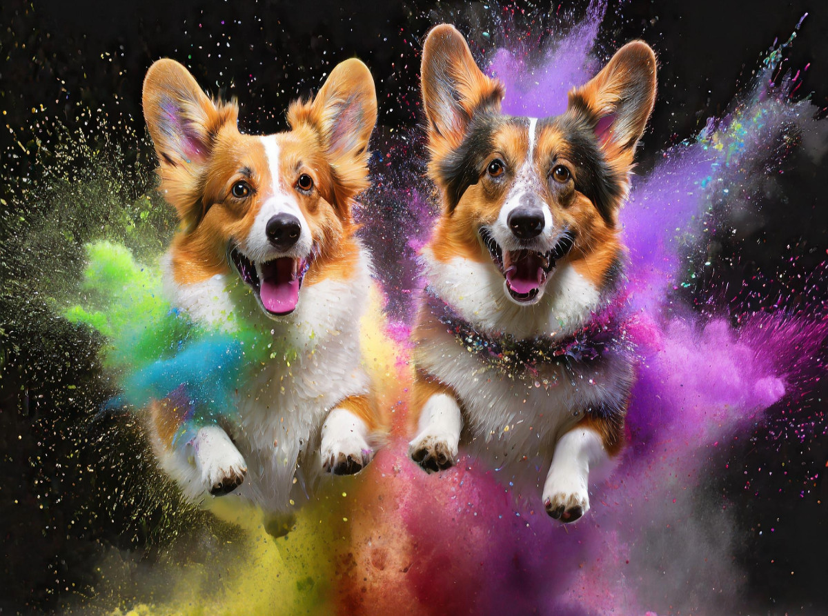 Zwei Welsh Corgi Pembroke springen in einer bunten Holi Pulver Farbwolke