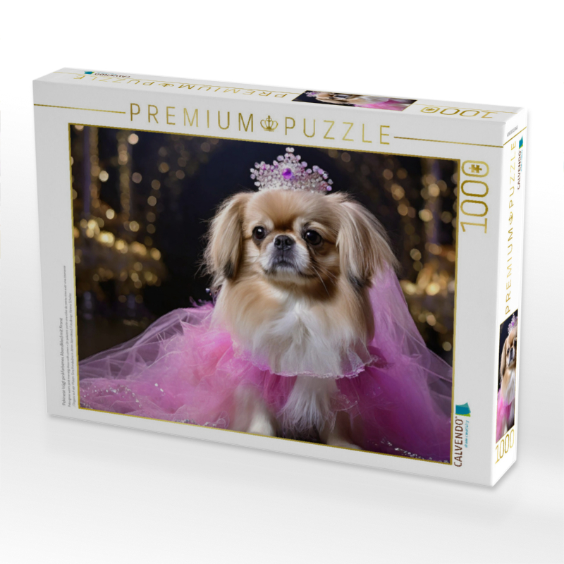 Pekinese trägt pinkfarbenes Abendkleid mit Krone