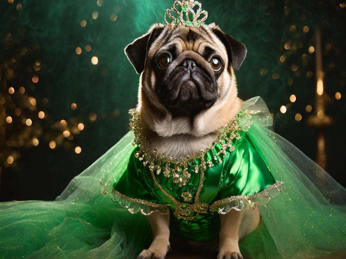 Mops trägt elegantes grünes Abendkleid mit Schmuck und Krone