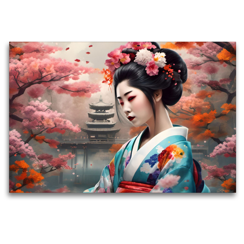 Geisha im Frühling mit Tempel im Hintergrund