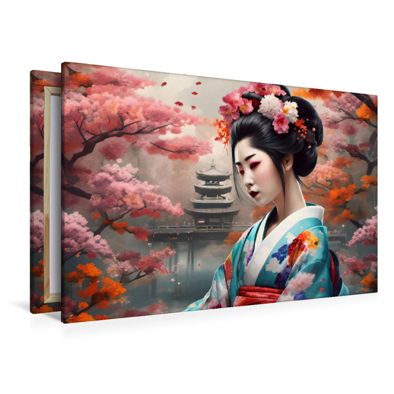 Geisha im Frühling mit Tempel im Hintergrund