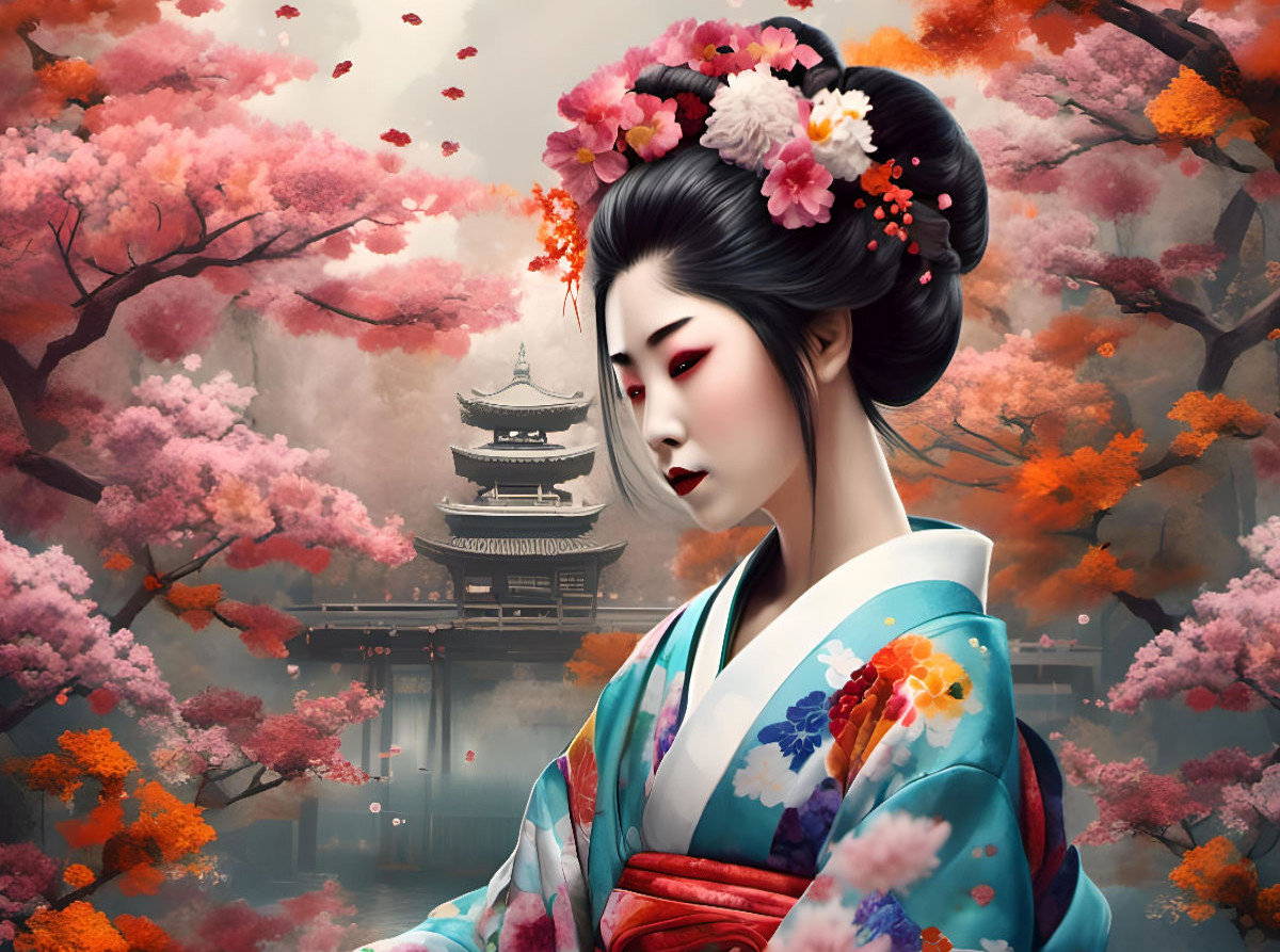 Geisha im Frühling mit Tempel im Hintergrund