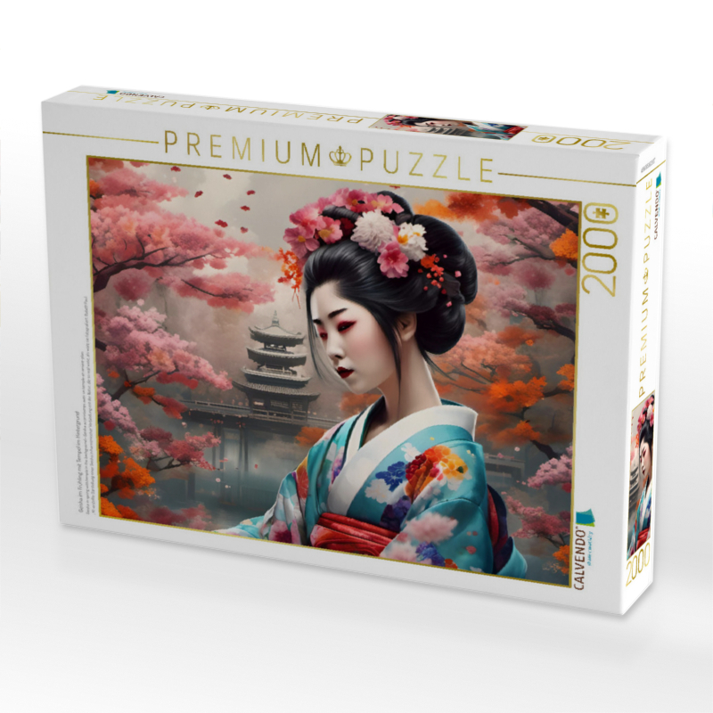 Geisha im Frühling mit Tempel im Hintergrund