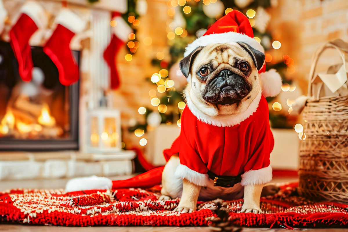 Mops als Weihnachtsmann