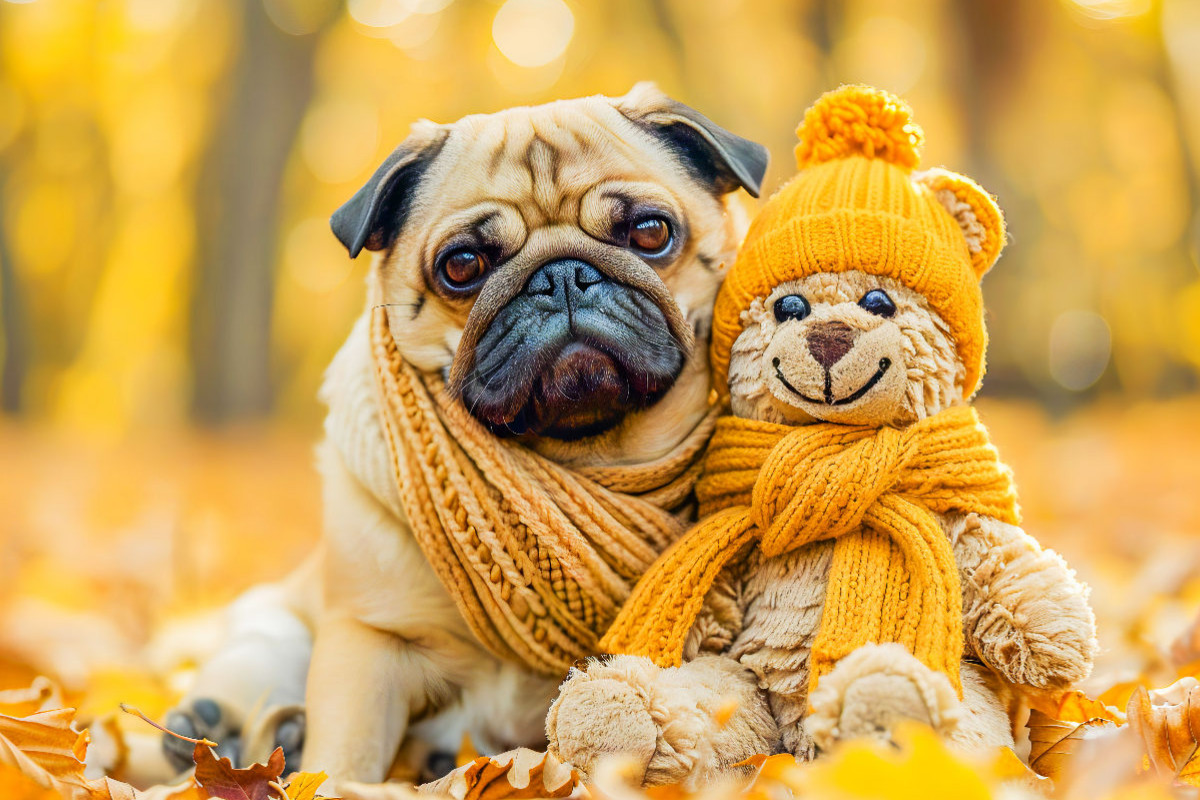 Mops und Plüschtierkumpel im Herbst.