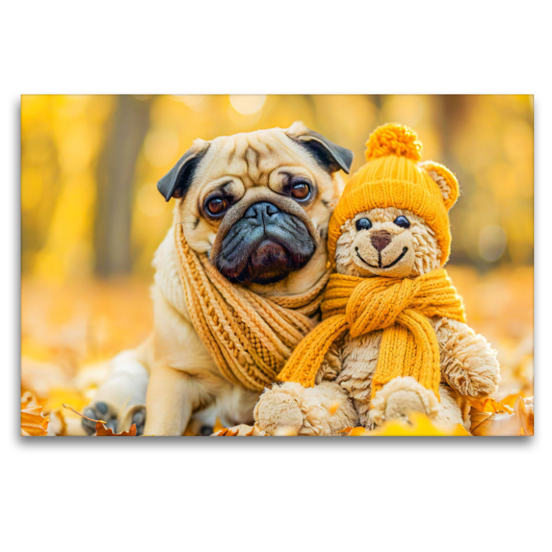 Mops und Plüschtierkumpel im Herbst.