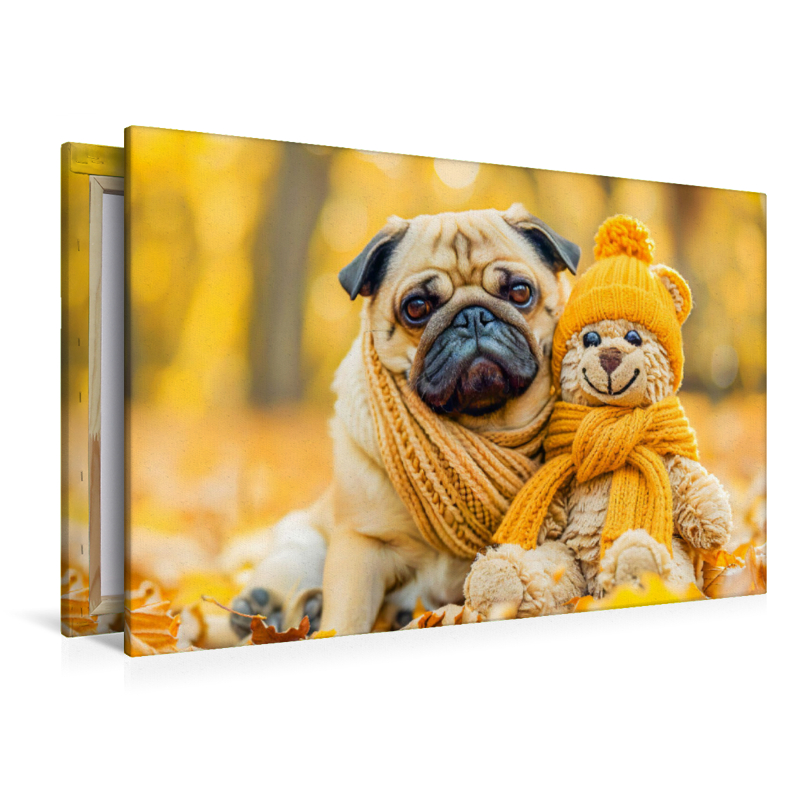 Mops und Plüschtierkumpel im Herbst.