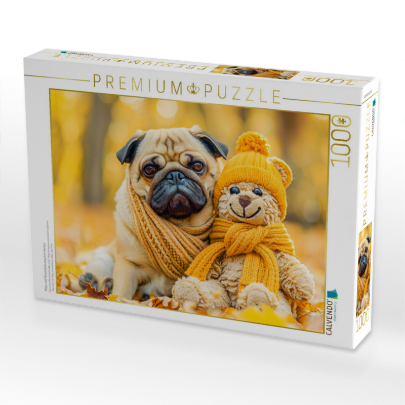 Mops und Plüschtierkumpel im Herbst.