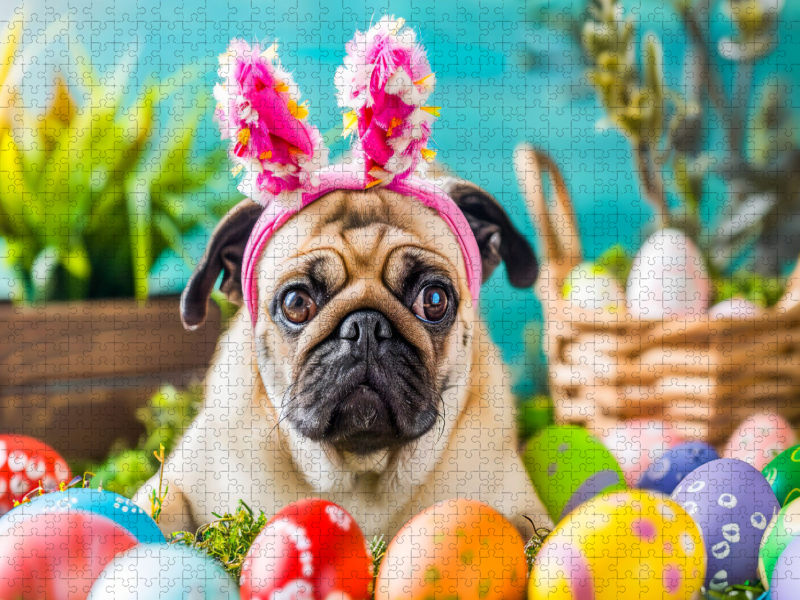 Mops als Osterhase zwischen bunten Ostereiern