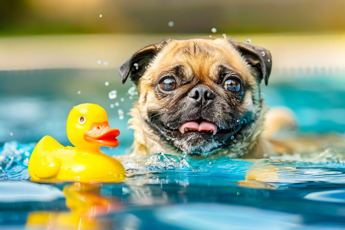 Mops planscht im Pool mit Ente