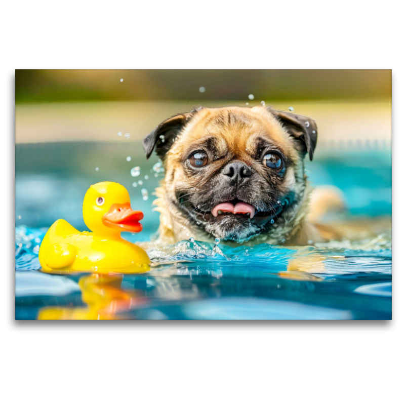 Mops planscht im Pool mit Ente