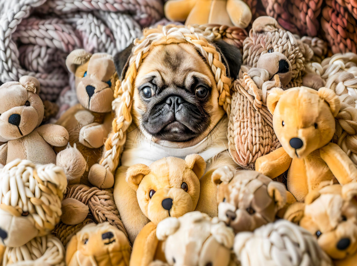 Mops im Kuscheltierparadies