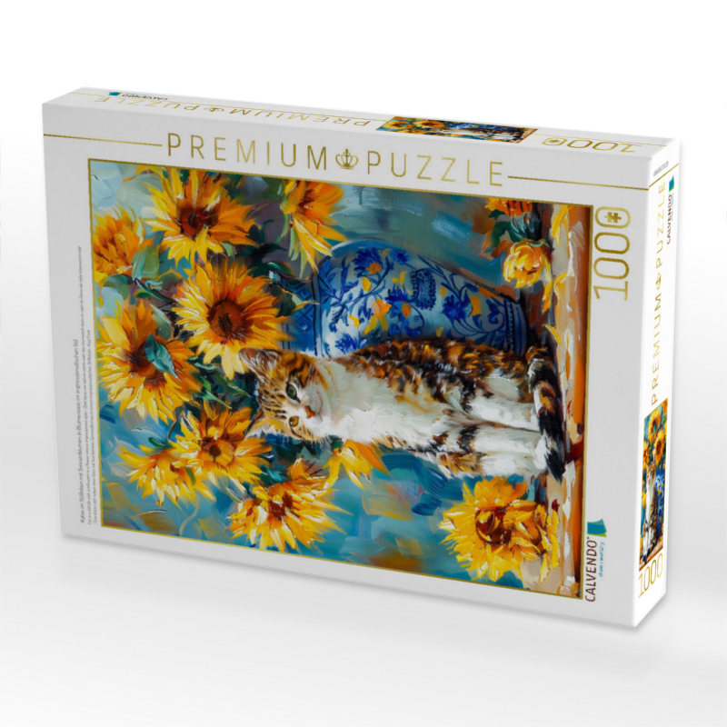 Katze im Stillleben mit Sonnenblumen in Blumenvase im impressionistischen Stil