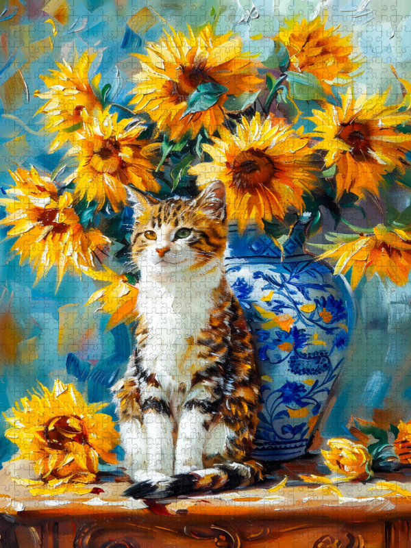 Katze im Stillleben mit Sonnenblumen in Blumenvase im impressionistischen Stil