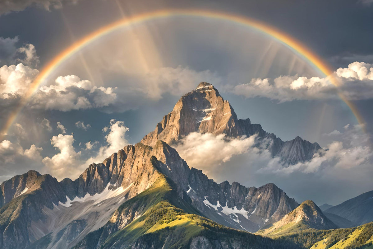 Eine Berglandschaft mit einem Regenbogen nach einem Sturm