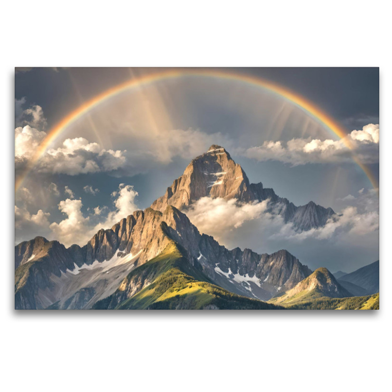 Eine Berglandschaft mit einem Regenbogen nach einem Sturm