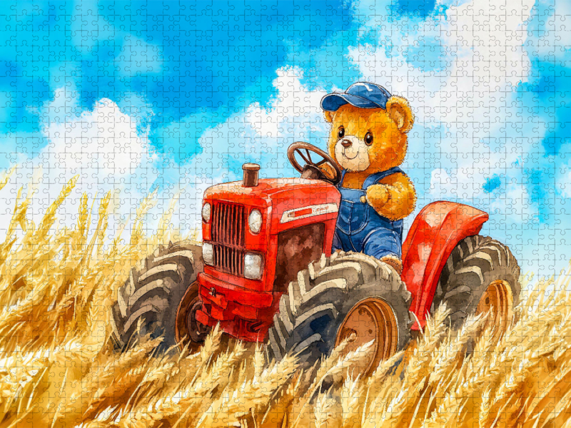 Teddy fährt Traktor im Weizenfeld