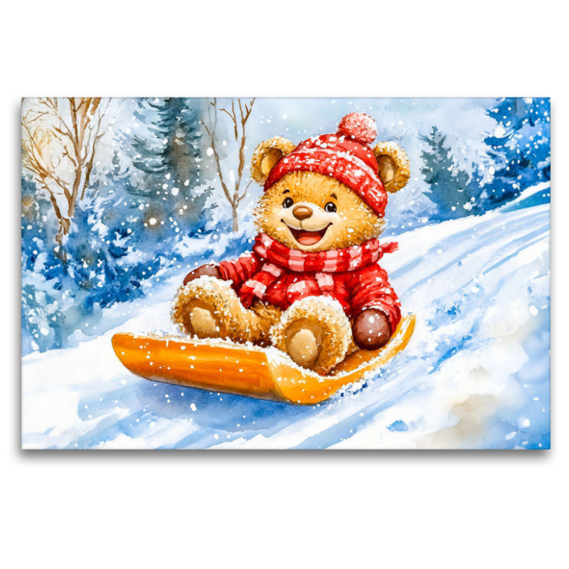 Teddy rodelt mit Schlitten im Winter