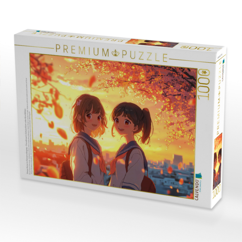 Shoujo Anime im Sonnenuntergang – Freundinnen in Schuluniform unter Kirschblüten