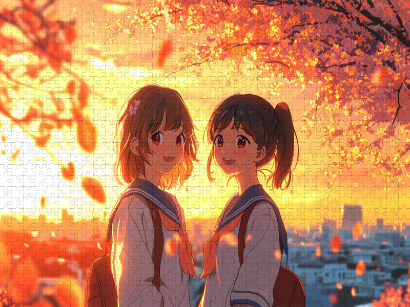 Shoujo Anime im Sonnenuntergang – Freundinnen in Schuluniform unter Kirschblüten