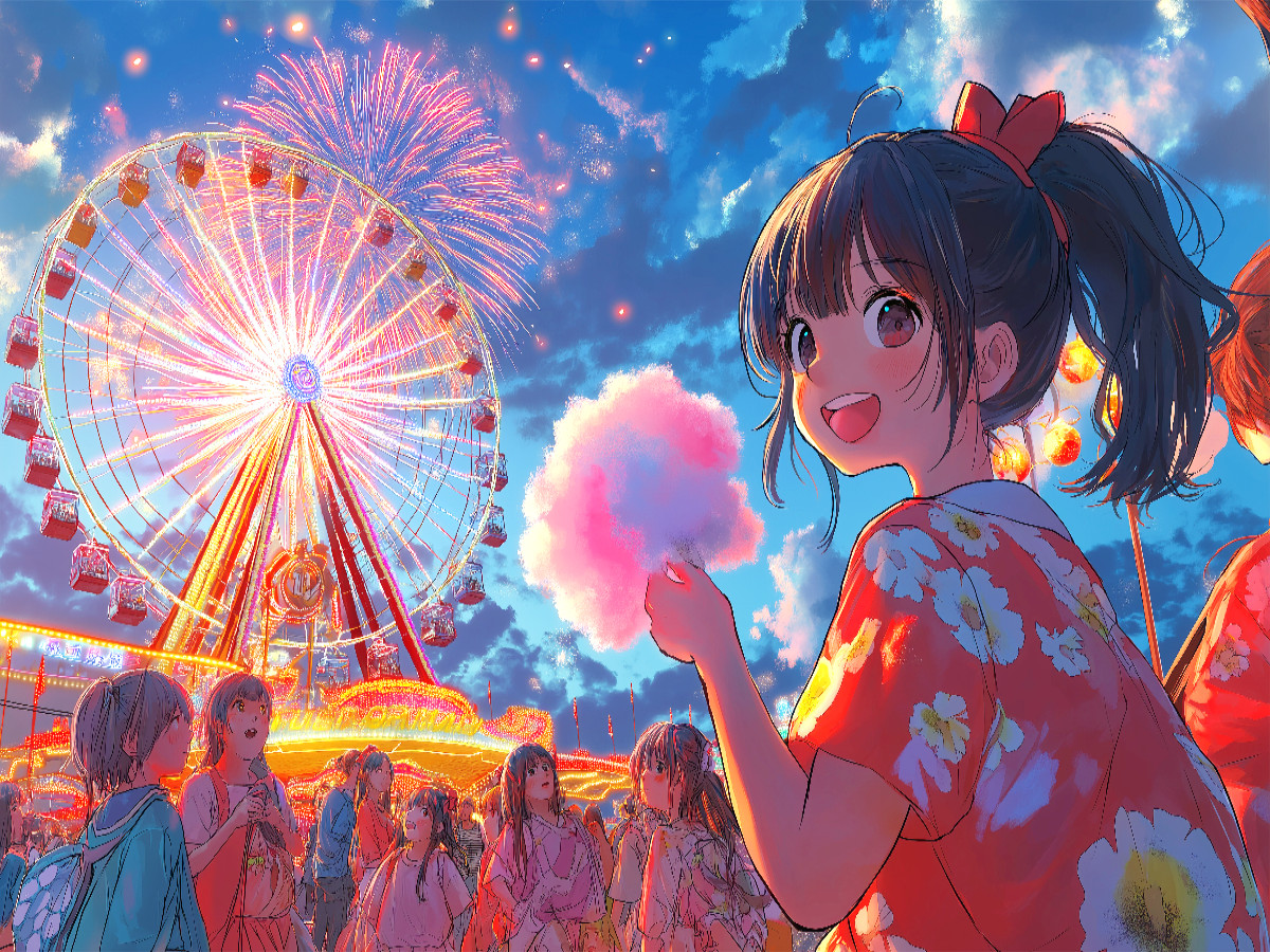 Kawaii Anime Sommerfest – Riesenrad und Feuerwerk in Shoujo-Stil mit Yukata